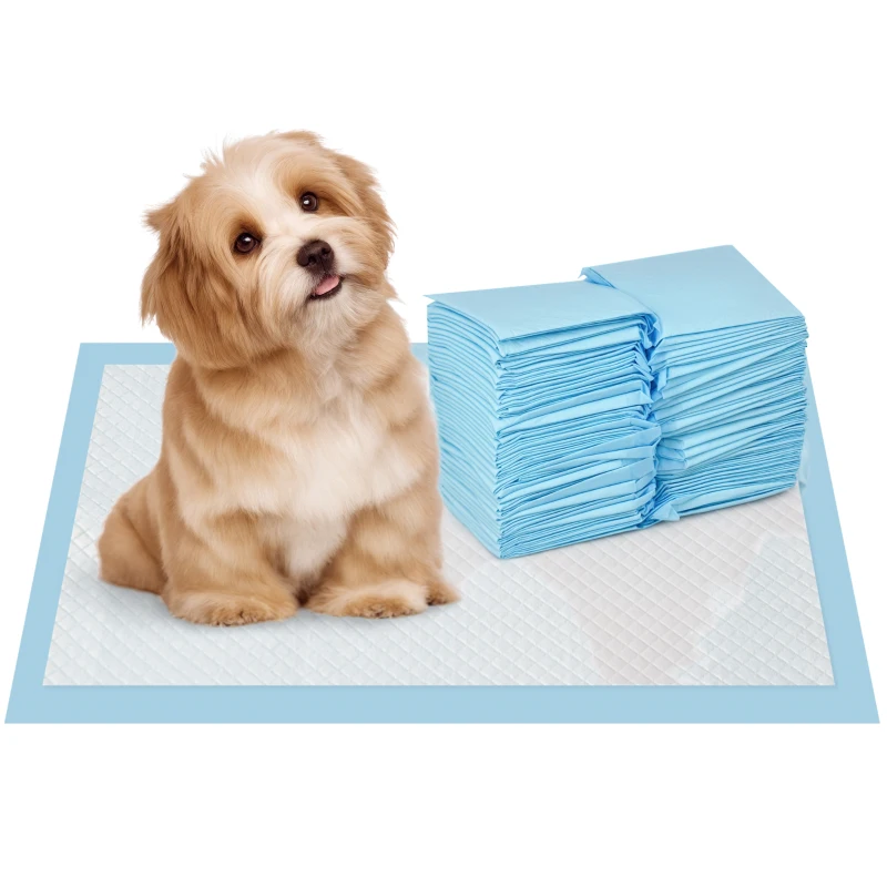 PawHut Set 100 Tappetini Igienici per Cani a 6 Strati in Tessuto non Tessuto, Carta e PE, 45x30 cm, Blu e Bianco