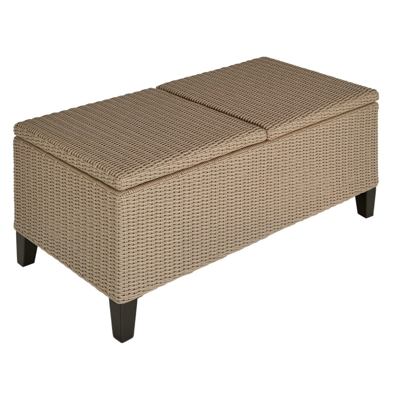 Outsunny Garten-Beistelltisch, Aufbewahrungskiste mit Stauraum, Rattanoptik, Stahlrahmen, khaki, 103 x 50 x 45,5 cm