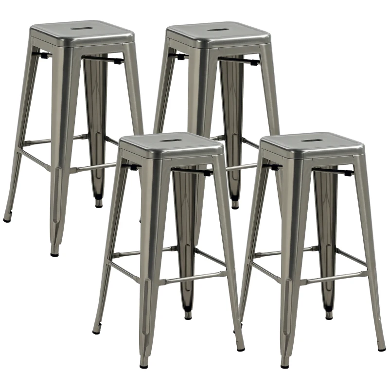 HOMCOM Lot de 4 tabourets de bar industriel empilables hauteur assise 76 cm métal argent