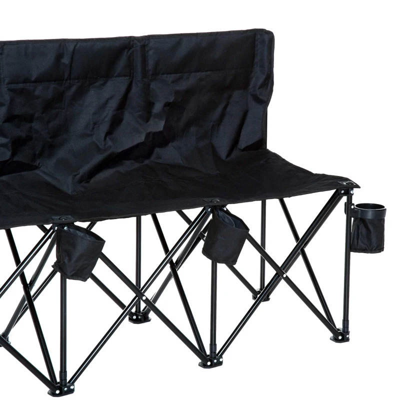 Outsunny 6 Seater Folding Sports Bench Outdoor Picnic Camping Portable Chair w/Cup Holder & Carry Bag - Black
