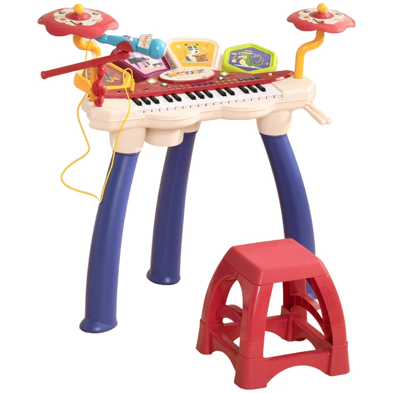 AIYAPLAY Juego de Piano 2 en 1 con Micrófono Luces 19 Canciones Batería y Volumen Ajustable 74x32,2x71cm Multicolor