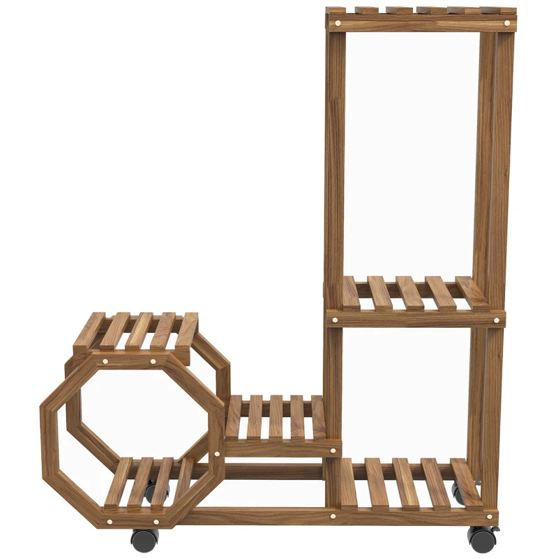 Outsunny Soporte para Plantas con Ruedas Soporte para Macetas de 5 Niveles de Madera Uso Interno Externo 86x30x102 cm Carbonizado