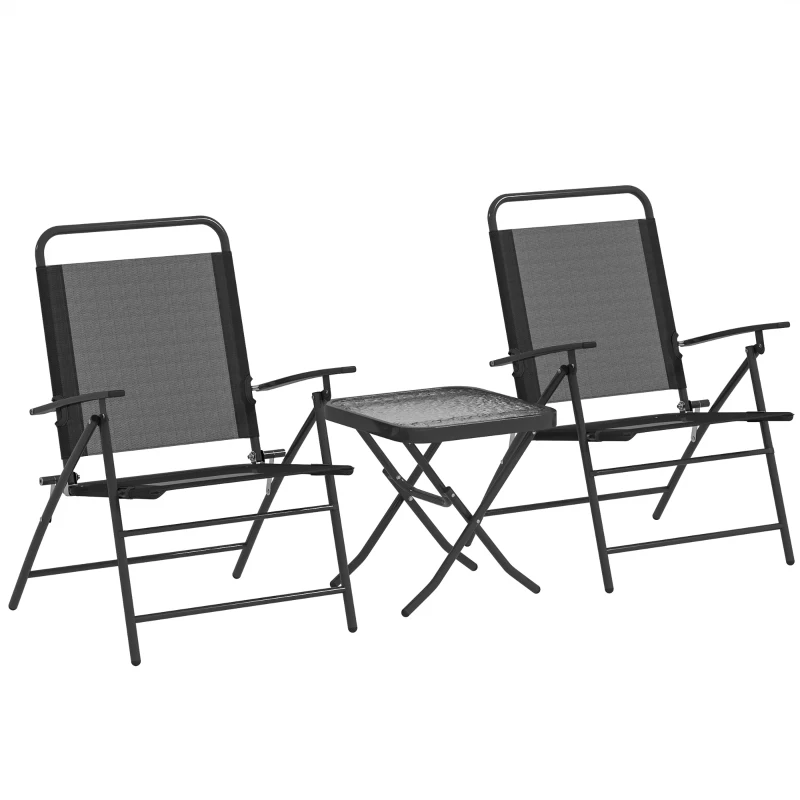 Outsunny Conjunto de Mesa e Cadeiras de 3 Peças Móveis de Jardim Dobráveis com Encosto Ajustável e Bancada de Vidro Preto