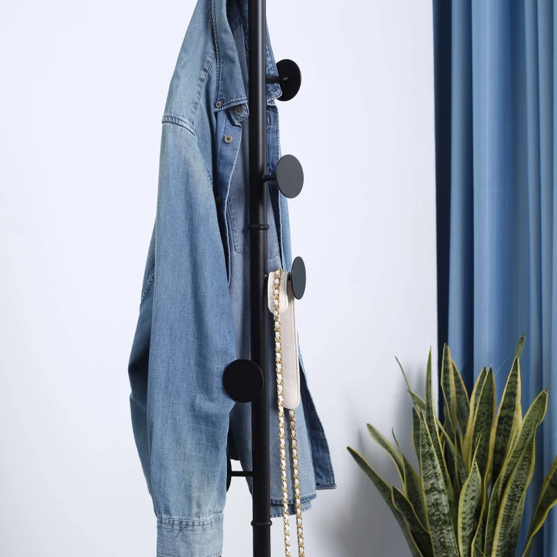 HOMCOM Cuier de Podea cu 8 Carlige, Cuier pentru Intrare si Dormitor din Otel cu Baza din Marmura, 35x35x170cm, Negru