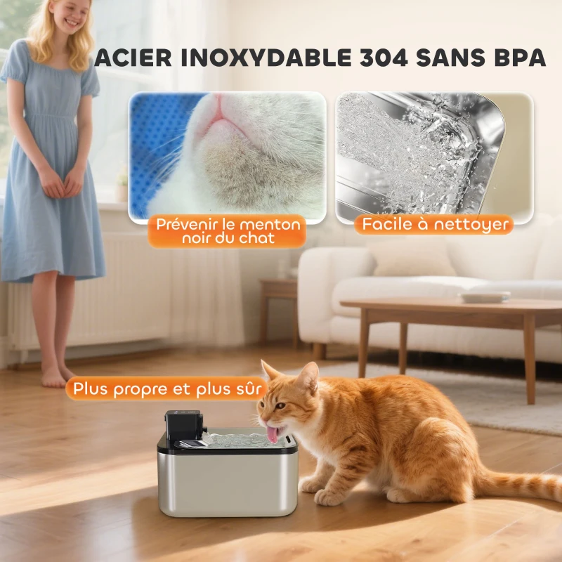 PawHut Fântână automată de apă pentru pisici din oțel inoxidabil 5L, silențioasă, distribuitor apă 3-etape filtru încărcător USB, argintiu