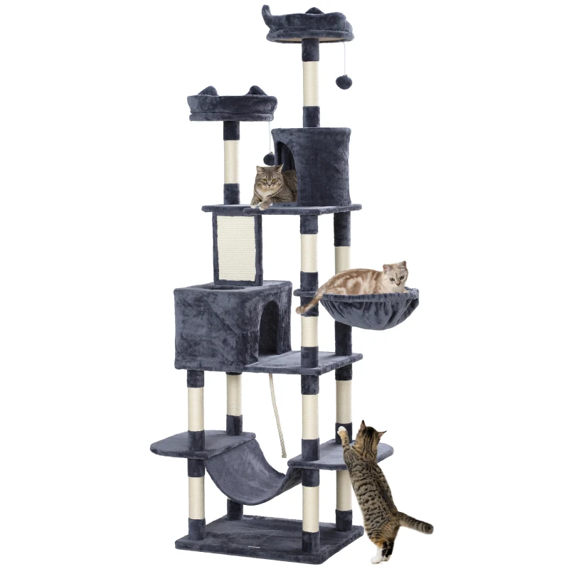 PawHut Copac pentru pisici de 206 cm, turn de jocuri pentru pisici din pluș, mai multe nivele, ideal pentru 1-3 pisici 60 x 50 x 206 cm, gri închis