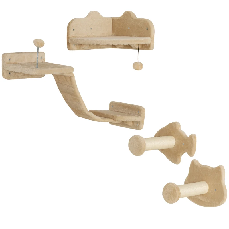 PawHut Rascador de Pared para Gatos con 2 Postes de Sisal Plataforma Doble con Escalera Suave y 1 Plataforma para Saltar Beige
