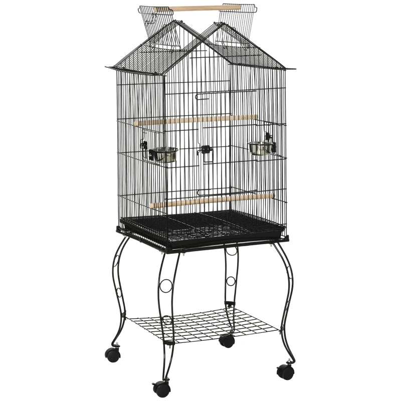 PawHut Cage à oiseaux sur pied avec 2 mangeoires perchoirs plateau amovible poignée et roulettes 50 x 58 x 137/145 cm noir