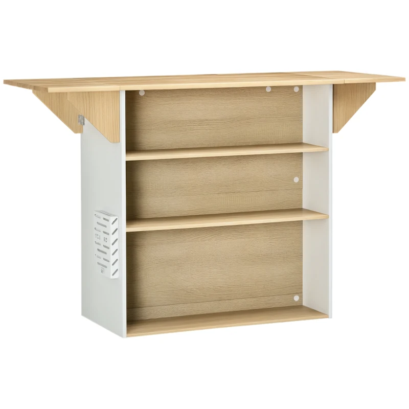 HOMCOM Kücheninsel mit 2 Klapptischen, 3 Regalen, Messerhalter, 140 cm x 55 cm x 91 cm, Weiß + Natur
