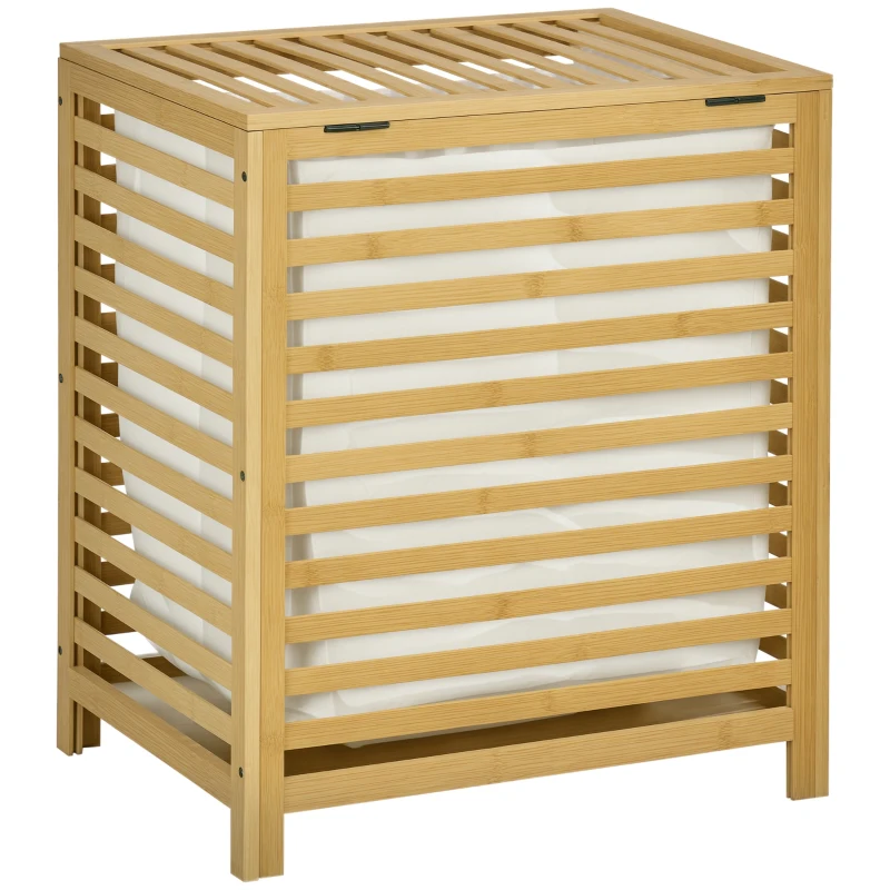 HOMCOM Cesto Portabiancheria a Doghe in Bambù e Poliestere con Coperchio e Sacca Rimovibile, 50x36x60 cm