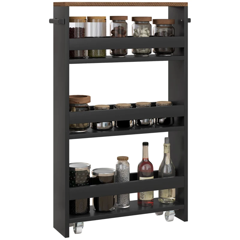 HOMCOM Cărucior de depozitare pe roți 3 nivele de depozitare și mâner, dim. 51,5l x 13l x 80H cm