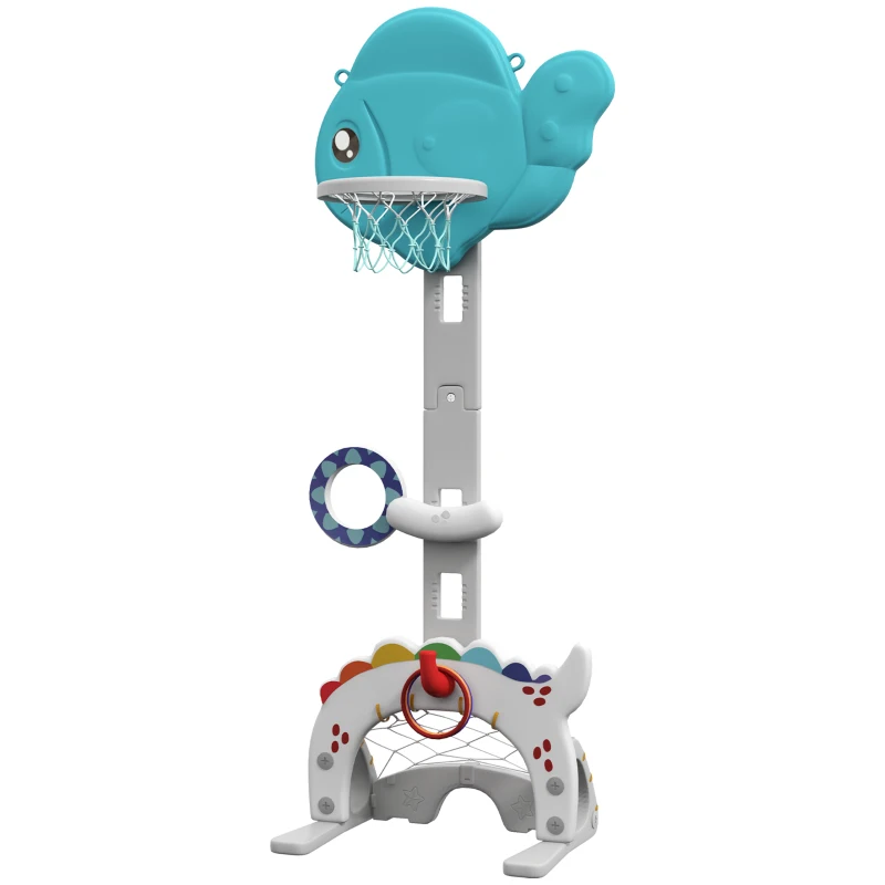 AIYAPLAY Kinder Basketballkorb 5-in-1 höhenverstellbar Fußballtor Golfschläger Ringwurf Blau und Grau