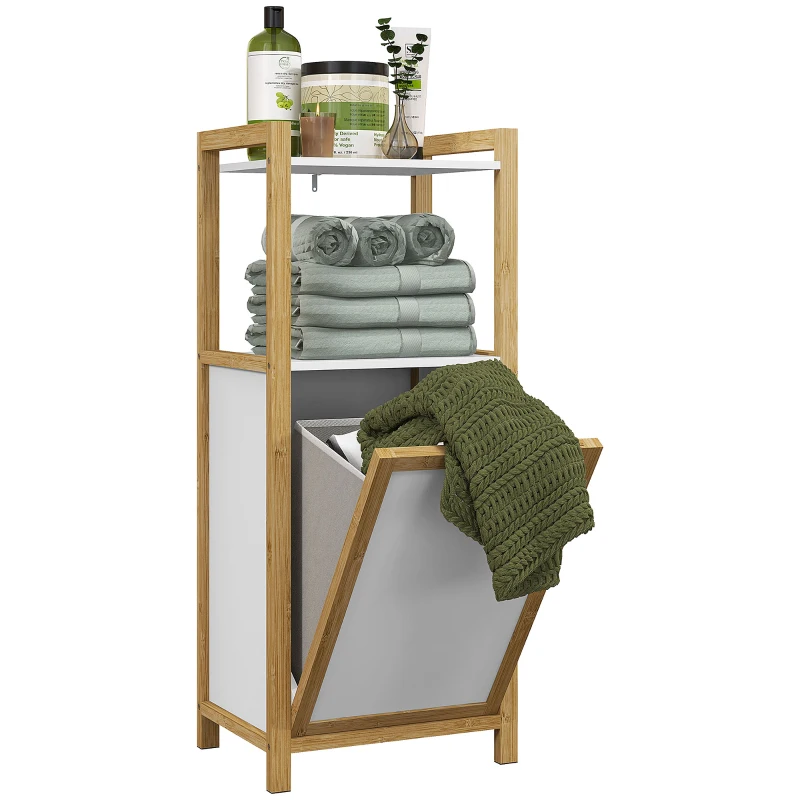 HOMCOM Mobilier pe picioare din bambus coș pentru rufe baie economisire de spațiu, 2 rafturi, dim. 40L x 30l x 86,5H cm