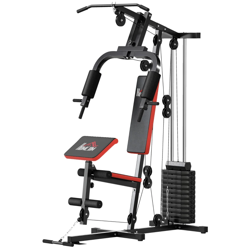 HOMCOM Máquina de Musculación con Placas de Peso de 65 kg Carga Max. 100 kg para Entrenamiento Fitness en Hogar Negro y Rojo