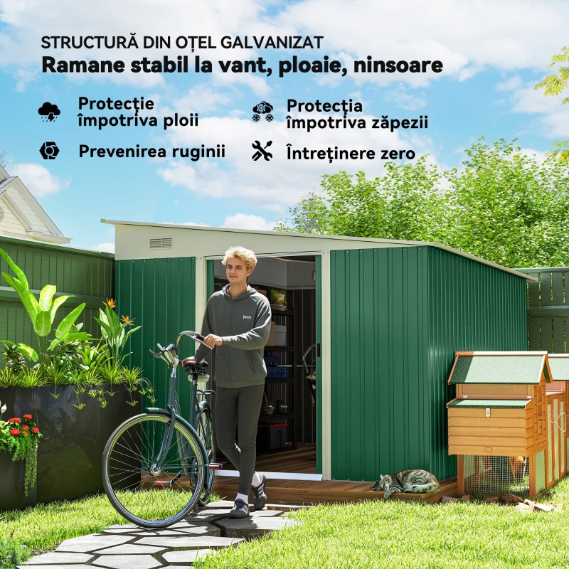 Outsunny Magazie de Gradina cu Ușa Glisantă si Orificii de Aerisire, din Oțel Galvanizat, 345x280,5x169-201cm, Negru(m-4)