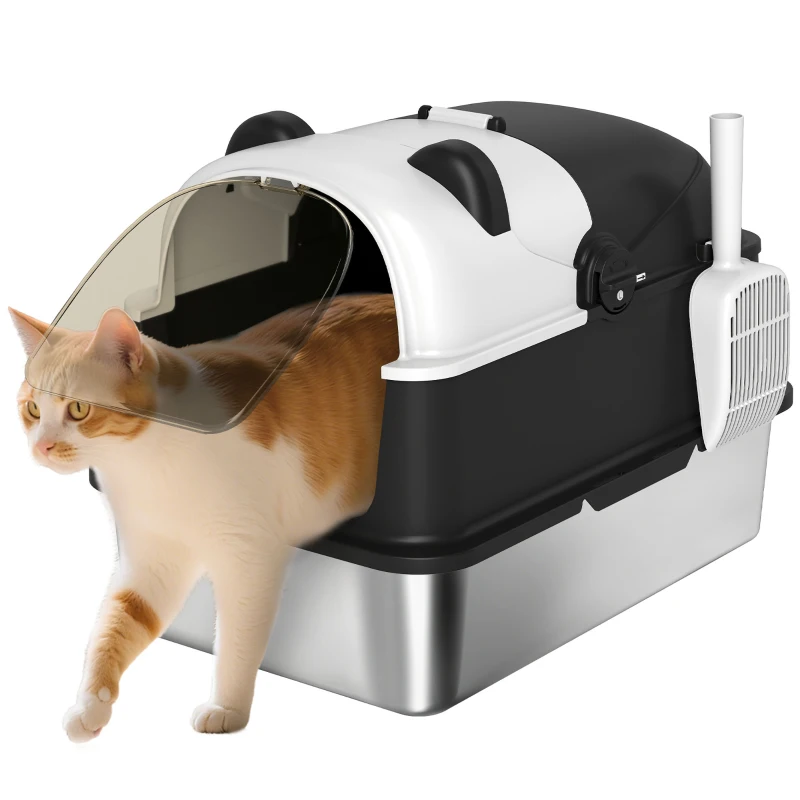 PawHut Panda Style XL Stainless Steel Cat Litter Box with Lid, Enclosed Kitty Litter Box with Scoop, 60 x 40 x 45 cm