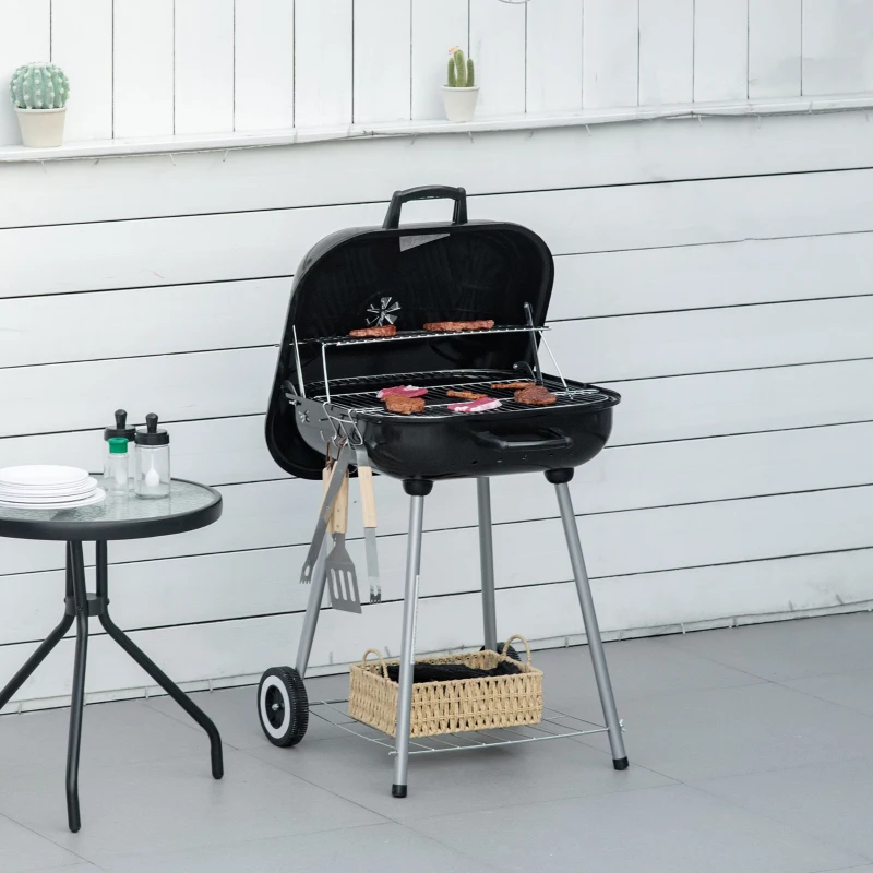Outsunny Barbecue cu cărbune BBQ cu 2 roți, ustensile, capac și raft dim. 56L x 62l x 82H cm, metal emailat negru