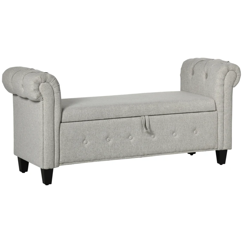 HOMCOM Banqueta Pie de Cama con Almacenamiento y Reposabrazos para Dormitorio Salón Pasillo 146,5x49x74,5 cm Gris Claro