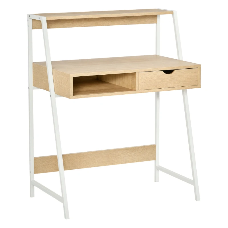 HOMCOM Schreibtisch Bücherregal Computertisch Bürotisch mit Schublade und Regal großer Stauraum E1-Spanplatte Metallrahmen Natur 80 x 50 x 100 cm