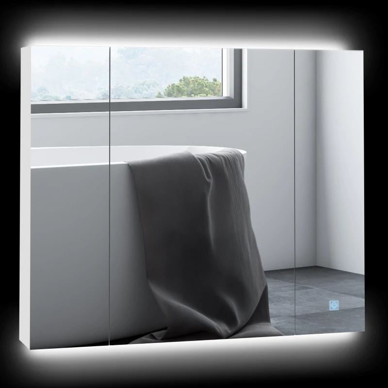 kleankin Armário Casa de Banho com Espelho e Luzes LED Armário com Espelho Casa de Banho com Prateleiras Ajustáveis e USB 90x15x75 cm Branco