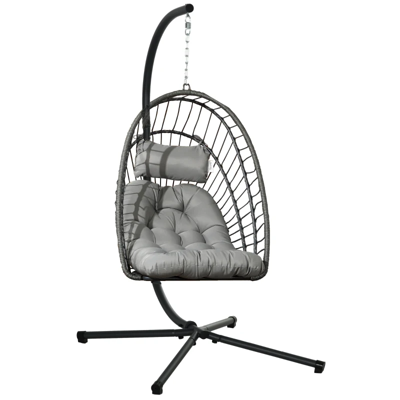 Outsunny Silla Colgante Plegable con Soporte y 2 Cojines Carga 100 kg para Interior y Exterior en Acabado de Ratán PE Gris Oscuro