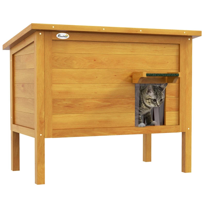 PawHut Casa pentru pisici, căsuță de exterior din lemn ridicată cu acoperiș deschis izolată 85 x 50 x 68,5 cm, natural verde