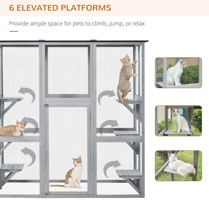 PawHut Wooden Catio Cat Outdoor Enclosure, Cat Cage with Waterproof Roof, Platforms, for Multiple Kittens, 180 x 98 x 180 cm