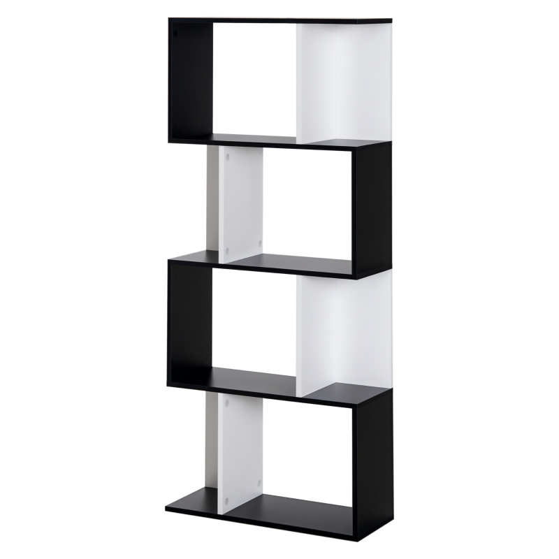 HOMCOM  Bücherregal S-förmiges Standregal Lagerregal 4-stufige Vitrine mit Hardware-Schnalle moderner Raumteiler Spanplatte Schwarz+Weiß 60 x 24 x 148 cm