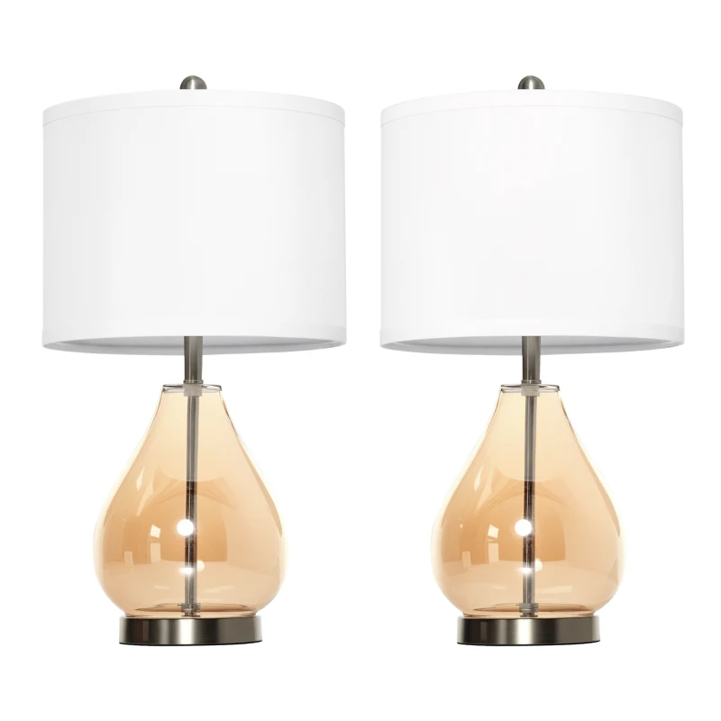 HOMCOM 2-Set Tischlampen Tischleuchten E27-Fassung Nachttischlampe 40 W Glas Leinen Stahl Bernstein Ø30 x 56H cm