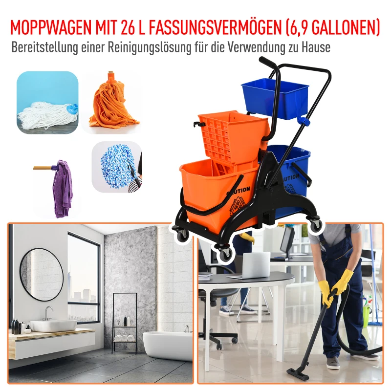 HOMCOM Reinigungseimer, Wischmoppeimer, rollbar, 26 Liter, Kunststoff, Metall, Orange