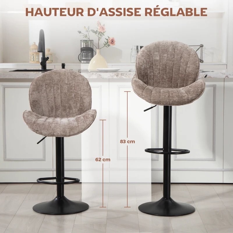 HOMCOM Lot de 2 tabourets de bar forme de coquillage, dossier, hauteur réglable et repose-pieds, cadre en acier, marron