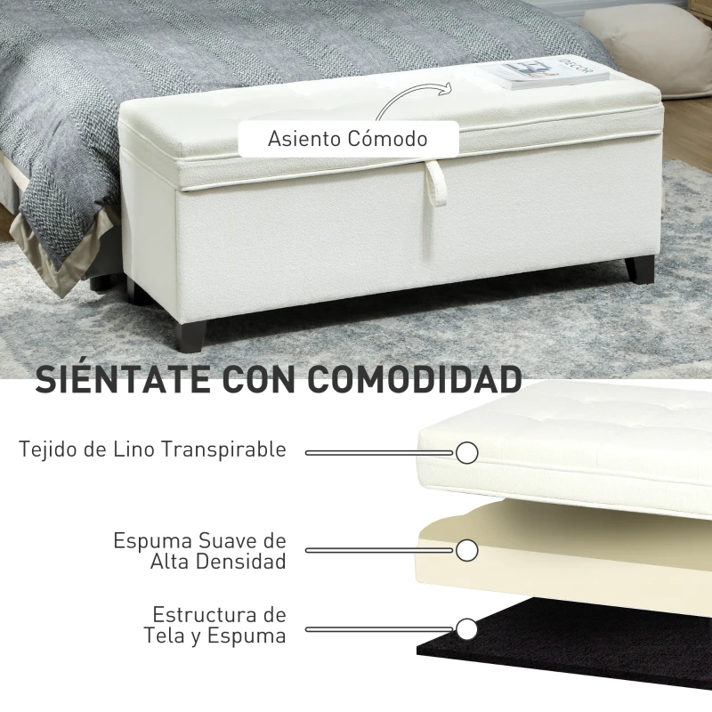 HOMCOM Banco de Almacenaje con 2 Bisagras de Seguridad Tapa Abatible para Dormitorio Salón 120x40x48 cm Crema