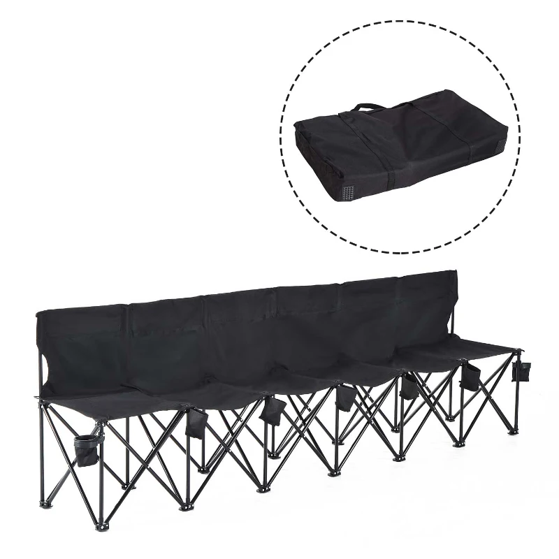 Outsunny 6 Seater Folding Sports Bench Outdoor Picnic Camping Portable Chair w/Cup Holder & Carry Bag - Black
