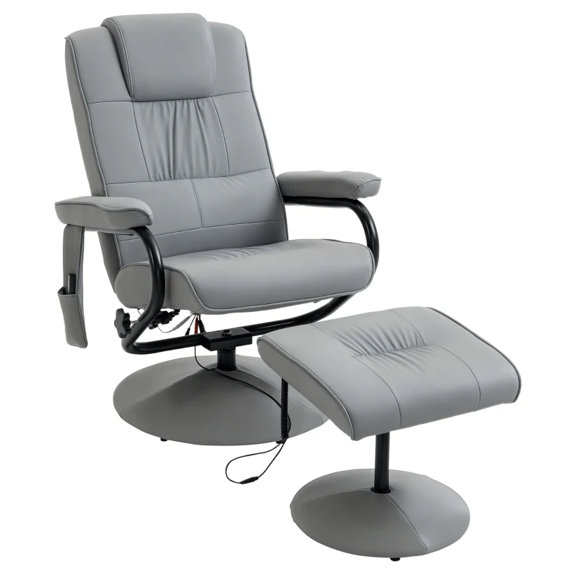 HOMCOM Poltrona de Massagem com Banco Poltrona Relax Giratório Reclinável 145° com 10 Pontos de Massagem 77x84x102 cm Cinza