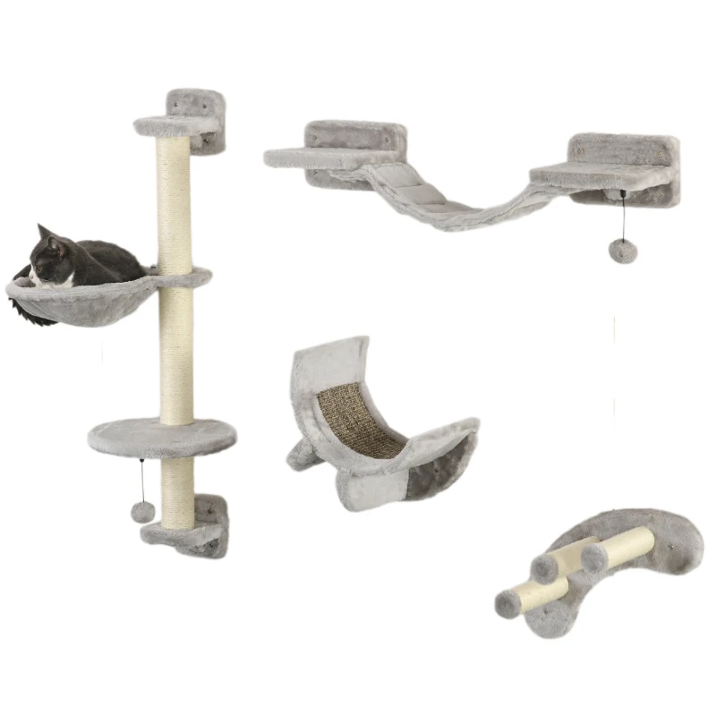 Set Mobilier Perete pentru Pisici, Platforme, Hamac, Scară și Stâlpi de Scrăcătat, Până la 5 kg, Confortabil și Sigur