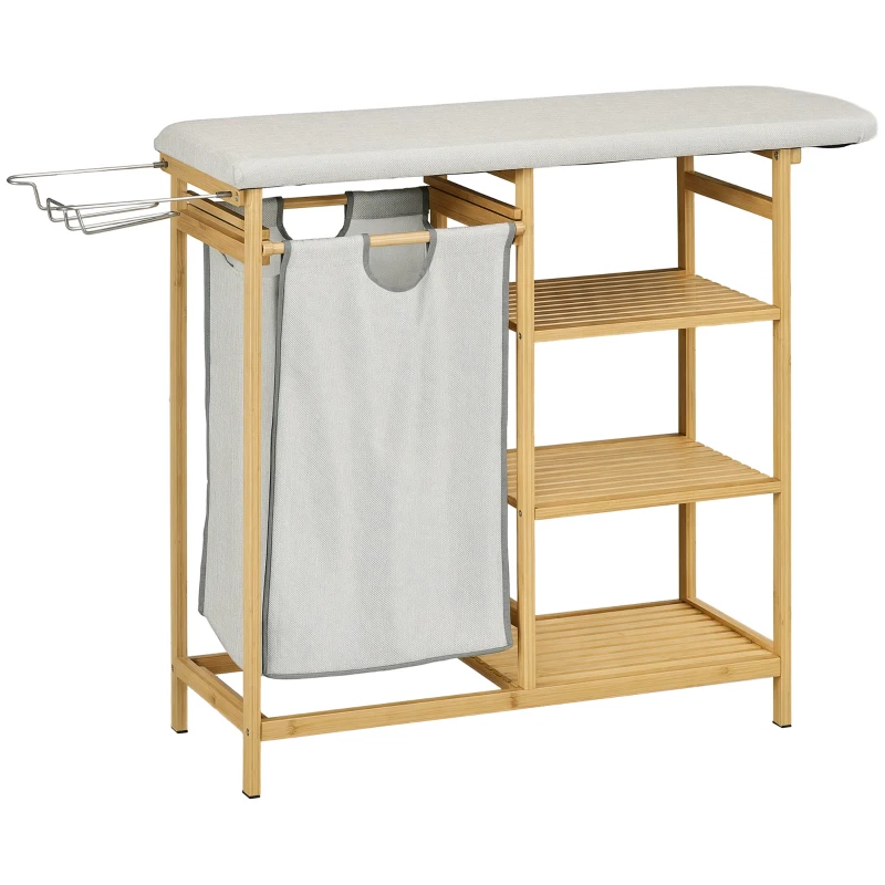 HOMCOM Cestino Portabiancheria in Bambù e Poliestere con Asse da Stiro e Ripiano a 3 Livelli, 113x34x82 cm