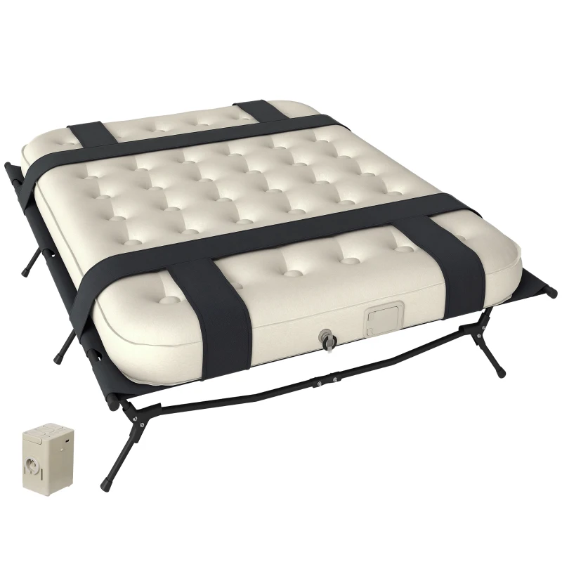Outsunny Feldbett Campingbett mit Luftmatratze Pumpe 200 x 153 cm belastbar bis 200 kg Schwarz+Khaki
