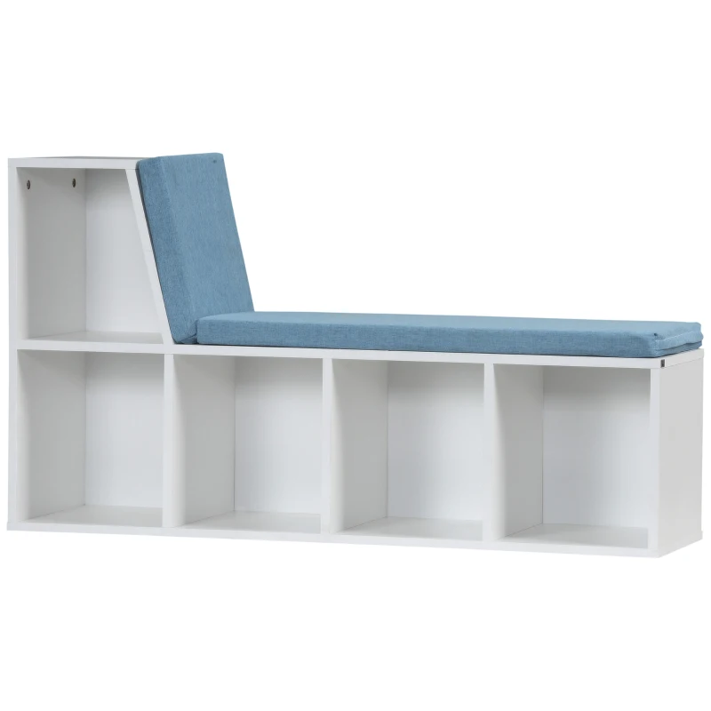 HOMCOM Biblioteca banco 2 en 1 con 5 compartimentos de almacenamiento y 2 cojines 108 x 30 x 60 cm blanco azul