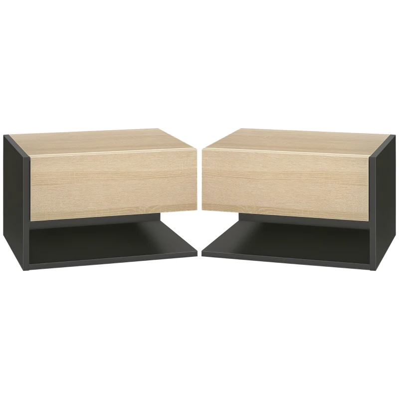 HOMCOM Lot de 2 Tables de Chevet murales - Lot de 2 Tables de Nuit - tiroir Coulissant, étagère, Bicolore Aspect chêne Noir