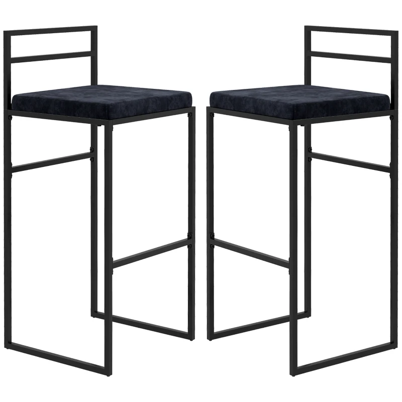HOMCOM Lot de 2 taburete de bar taburete înalte pernă de șezut din catifea suport pentru picioare înălțime 74 cm negru