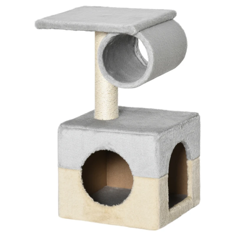 PawHut Rascador Árbol para Gatos 31x31x58 cm con Poste Central Casa Cama de Felpa Suave para Arañar Dormir y Jugar Gris y Beige