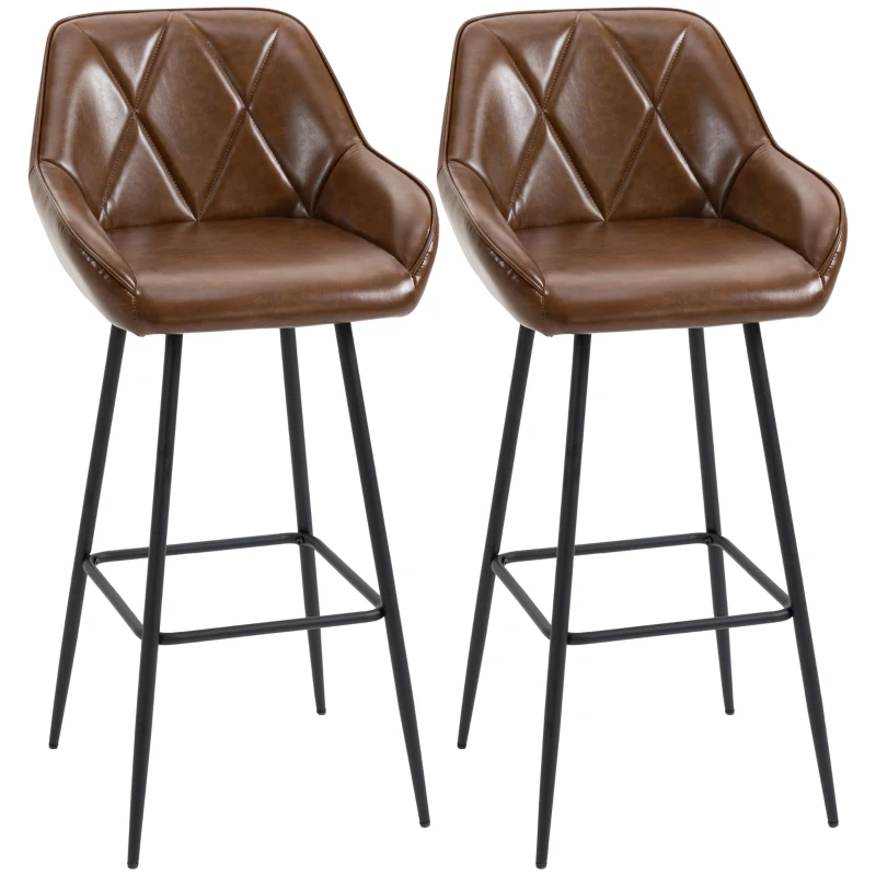 HOMCOM Juego de 2 Taburetes Altos Tapizado en PU con Respaldo Alto Patas de Acero y Reposapiés 50x47,5x102,5 cm Marrón
