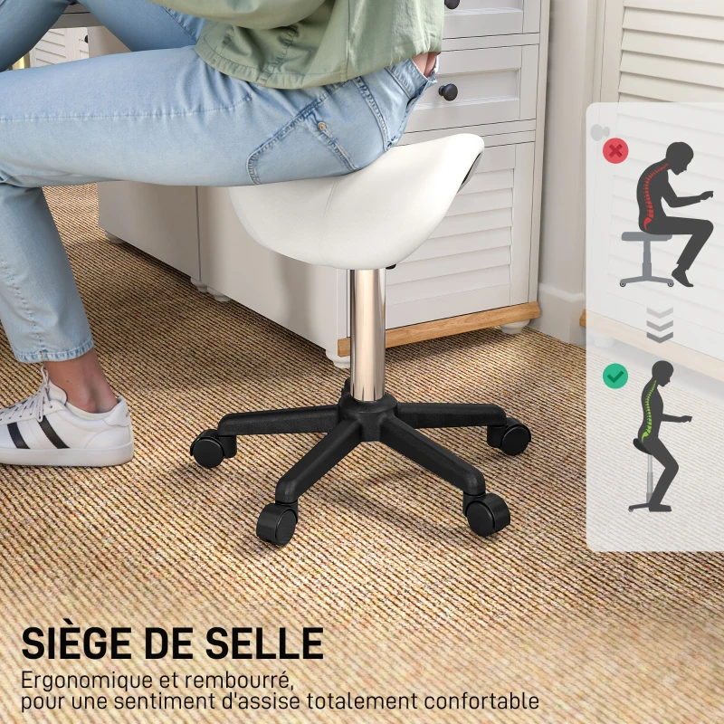 HOMCOM Tabouret à roulettes, chaise de travail avec hauteur réglable 45-57 cm et selle ergonomique, 48x47x45-57cm, blanc