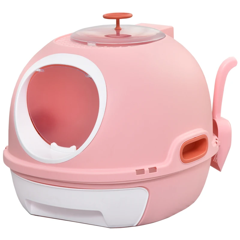 PawHut Caja de Arena para Gatos Arenero Cerrado con Claraboya Abatible Bandeja Extraíble y Pala 47x55x44 cm Rosa