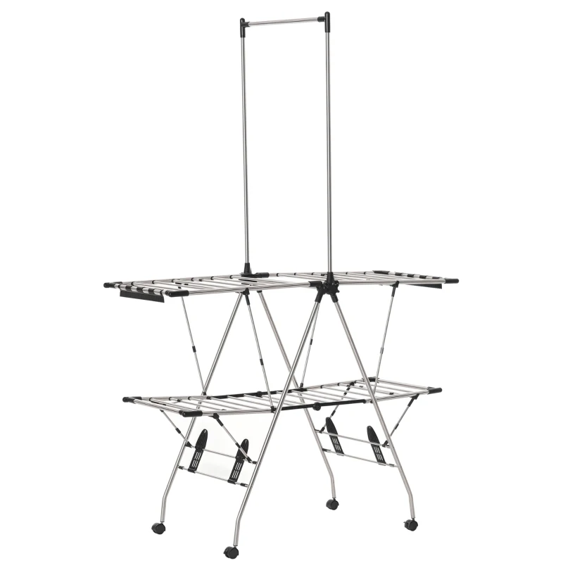 HOMCOM Uscător de rufe cu suport pliabil și roți, spațiu mare de uscare, oțel inoxidabil 138,5 x 63 x 208 cm argintiu negru