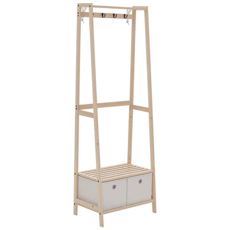 HOMCOM Appendiabiti in Legno Naturale con 4 Ganci, 3 Mensole e 2 Cassetti in Tessuto, 58x36x168cm