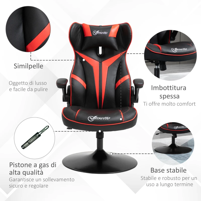 Vinsetto Sedia da Gaming, Sedia Ergonomica per Computer con Funzione Basculante, Sedia Girevole, Regolabile in Altezza, Acciaio, 67 x 75 x 106-112cm, Nero e Rosso