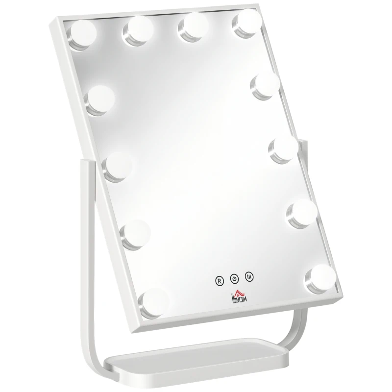 HOMCOM Espejo de Maquillaje con Luz Espejo Hollywood de Mesa con 12 LED 3 Modos y Luz Ajustable Pantalla Táctil y Función de Memoria para Dormitorio Baño 32,8x11x47,4 cm Blanco
