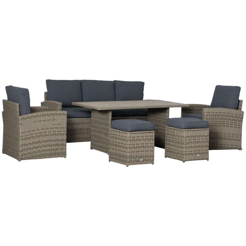 Outsunny Set Salotto da Giardino in Rattan PE con Divano 3 Posti, 2 Poltrone, 2 Sgabelli e Tavolo, Grigio