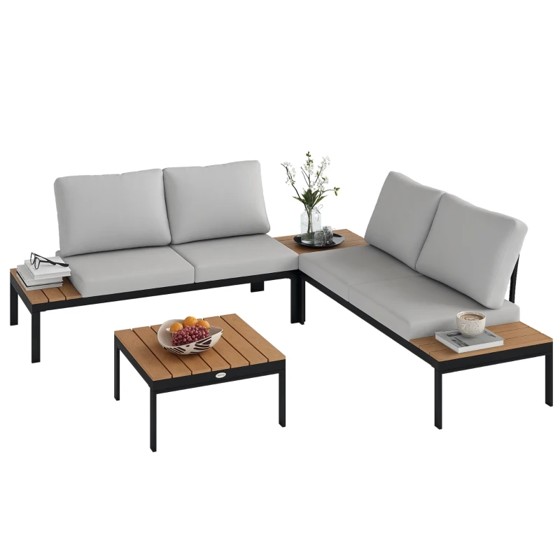Outsunny Set da Giardino 4 Pezzi con 2 Divanetti 2 Posti e 2 Tavolini in Metallo e Legno Composito, Grigio Nero e Teak
